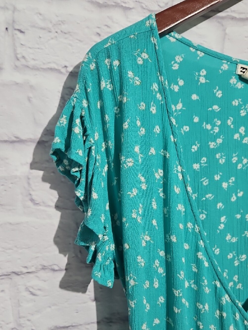 Billabong Teal Floral Wrap Dress with Ruffle Trim - Picture 4 of 7